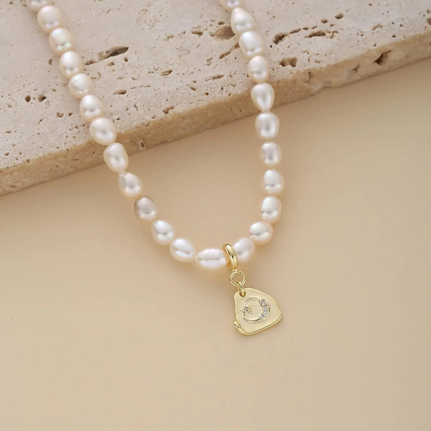 S.J JEWELRY Freshwater Pearl Necklace for Women 5mm Dainty Pearl Choker Necklaces 14K Gold Plated Rainbow Moon Pendant