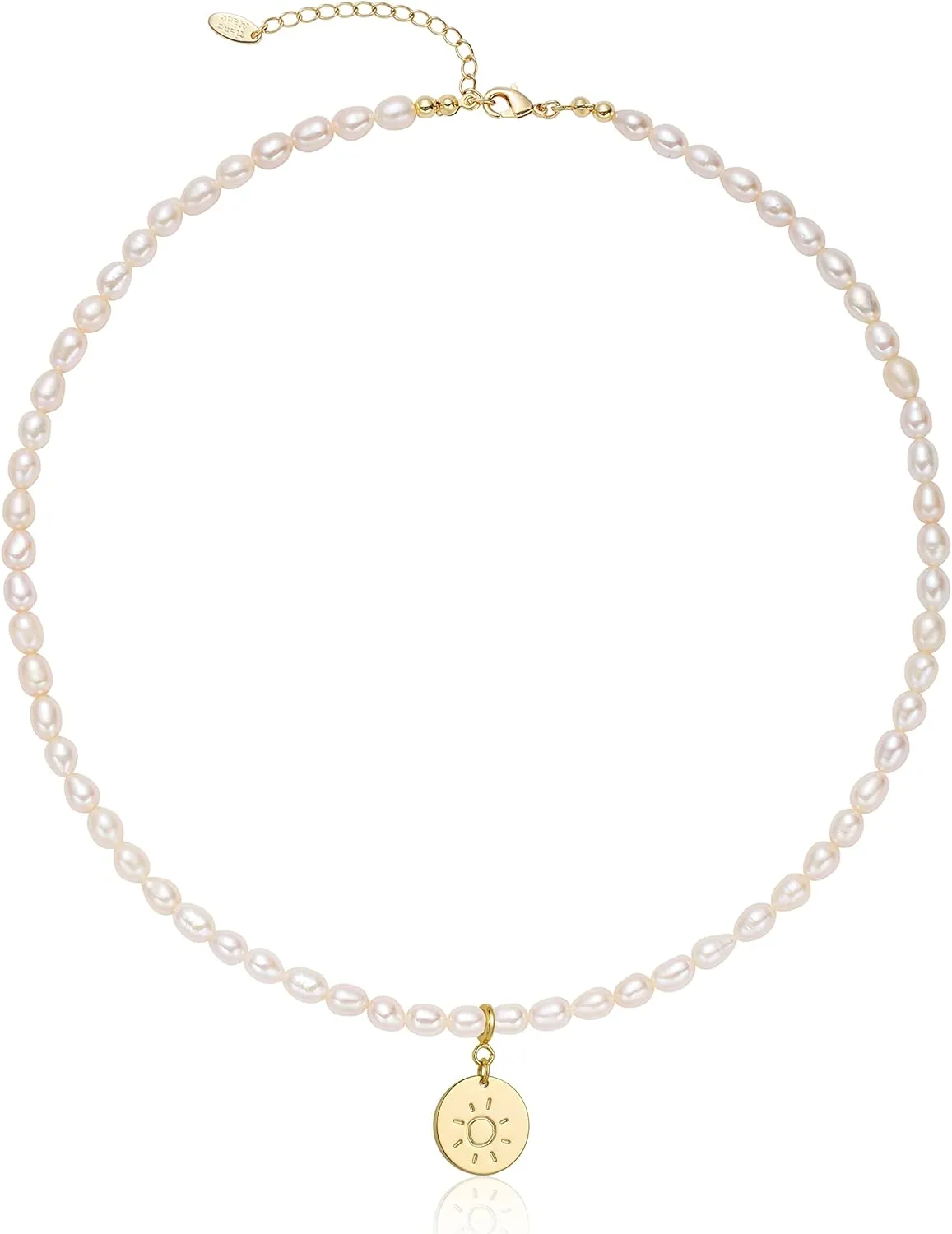 S.J JEWELRY Freshwater Pearl Necklace for Women 5mm Dainty Pearl Choker Necklaces 14K Gold Plated Rainbow Moon Pendant