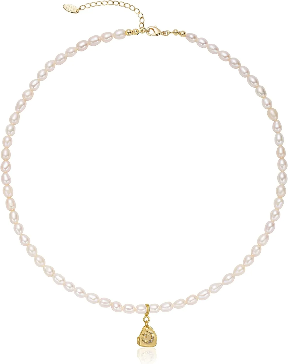 S.J JEWELRY Freshwater Pearl Necklace for Women 5mm Dainty Pearl Choker Necklaces 14K Gold Plated Rainbow Moon Pendant