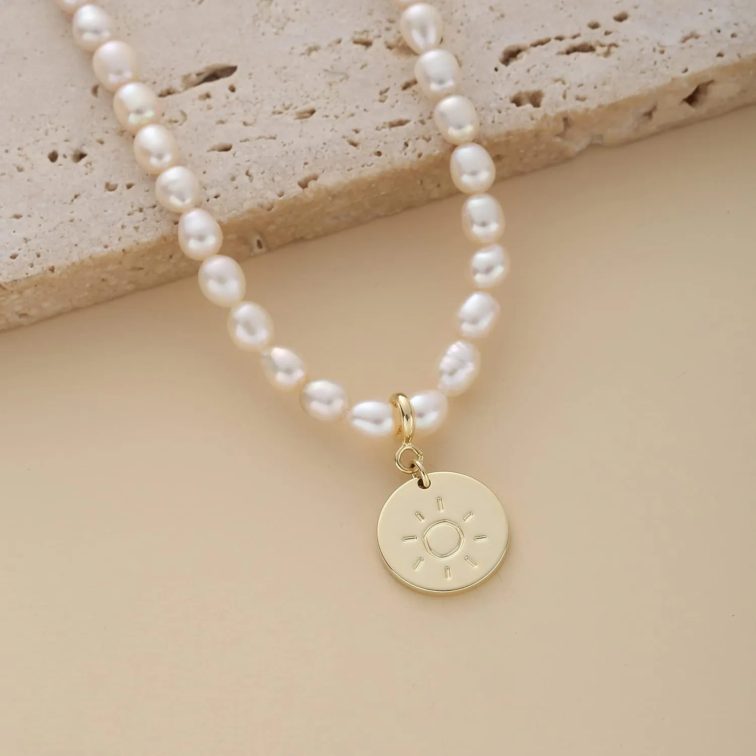 S.J JEWELRY Freshwater Pearl Necklace for Women 5mm Dainty Pearl Choker Necklaces 14K Gold Plated Rainbow Moon Pendant