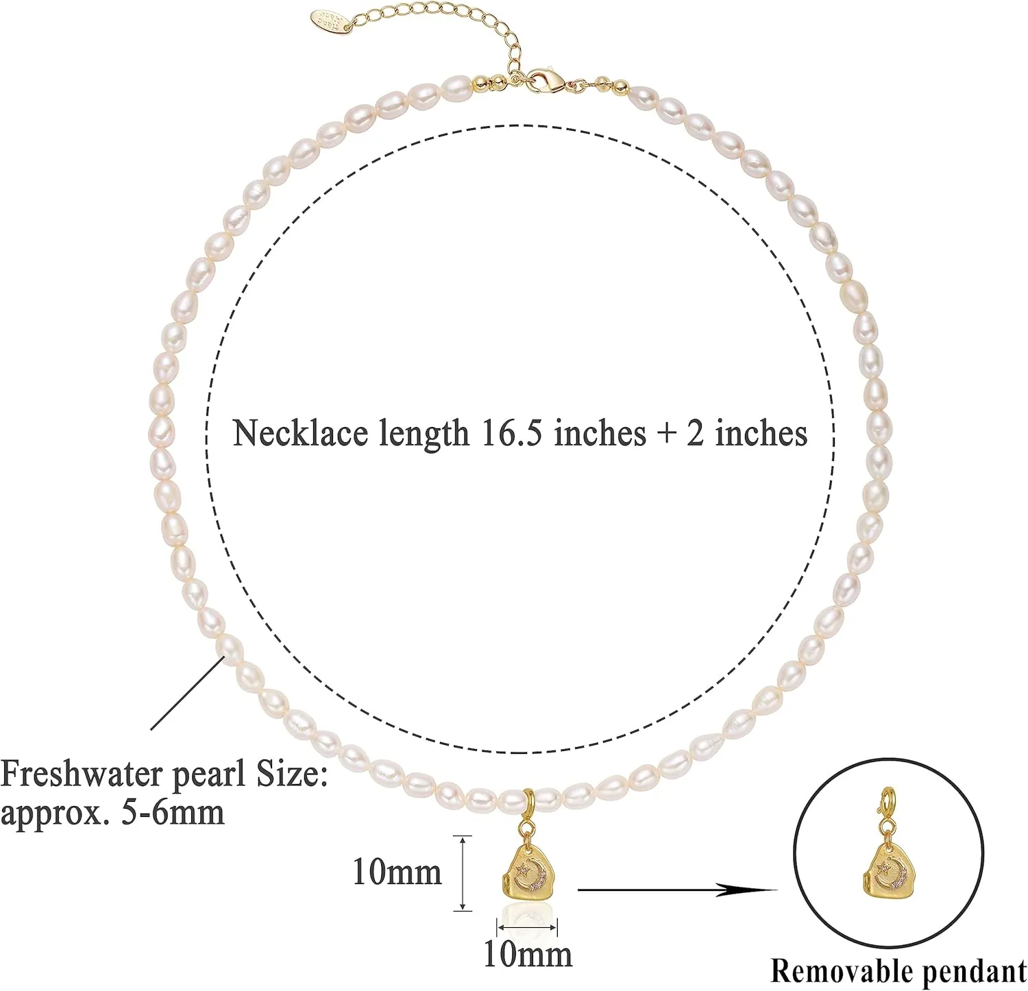 S.J JEWELRY Freshwater Pearl Necklace for Women 5mm Dainty Pearl Choker Necklaces 14K Gold Plated Rainbow Moon Pendant