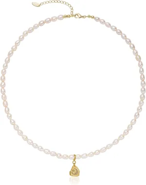 S.J JEWELRY Freshwater Pearl Necklace for Women 5mm Dainty Pearl Choker Necklaces 14K Gold Plated Rainbow Moon Pendant