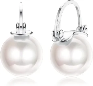 Sllaiss 925 Sterling Silver Pearl Hoop Earrings for Women Dangle Pearl Drop Earrings AAA Cubic Zirconia Huggie Hoop Earrings Jewelry for Women for Anniversary Christmas Large Size 12mm