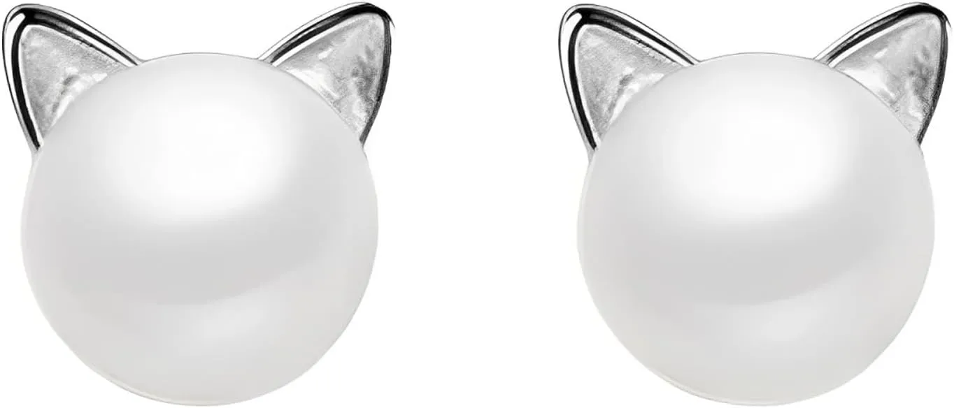 Small Mini Cat Earrings, Hypoallergenic Cute Pearl Stud Earrings for Women, Silver