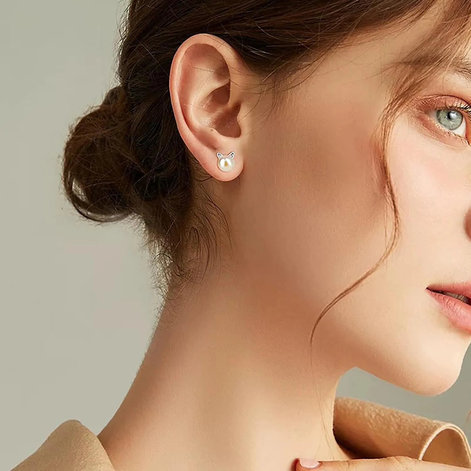 Small Mini Cat Earrings, Hypoallergenic Cute Pearl Stud Earrings for Women, Silver