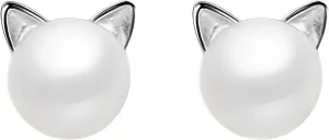 Small Mini Cat Earrings, Hypoallergenic Cute Pearl Stud Earrings for Women, Silver