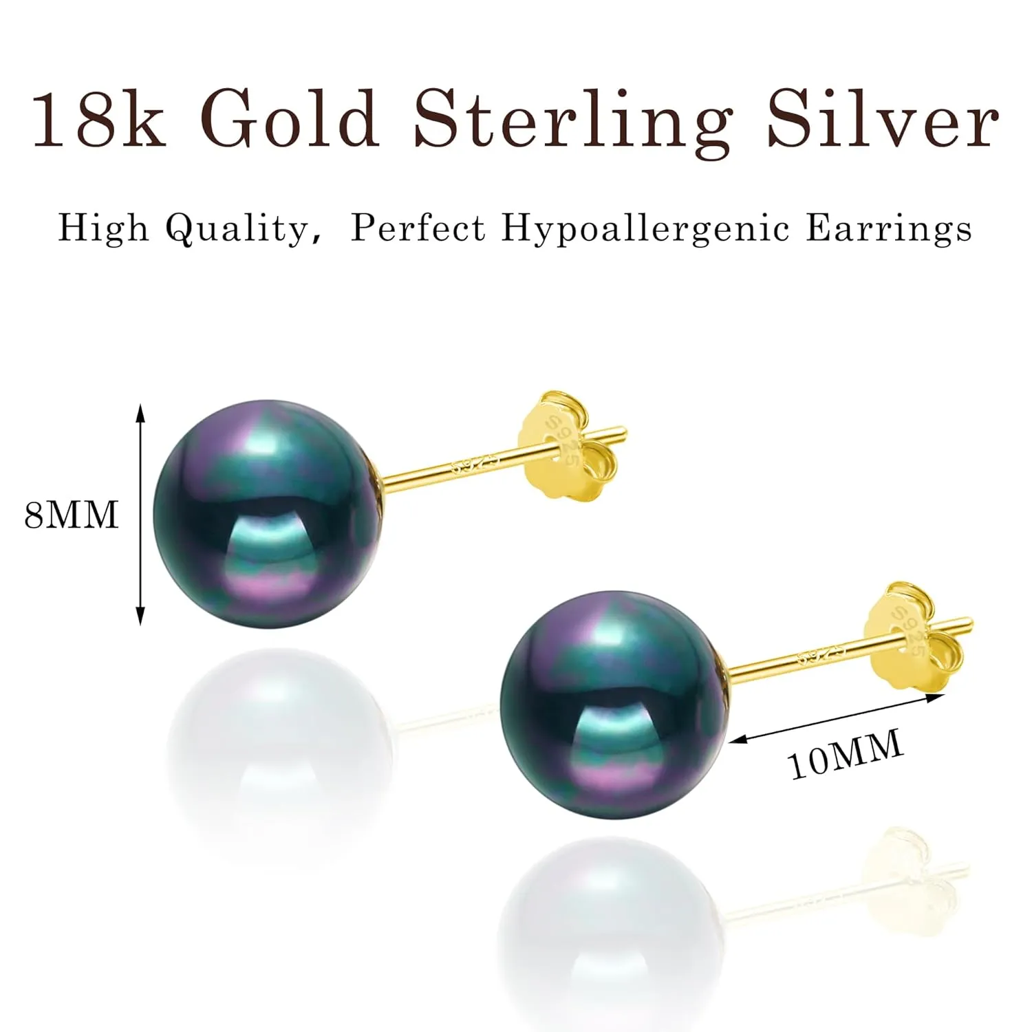 SmileBelle Black Pearl Earrings for Women, 18k Gold Sterling Silver Post Earrings for Sensitive Ears as Crystal Stud Earrings, Black Pearl Stud Earrings, 8mm Handmade Stud Earrings Jewelry
