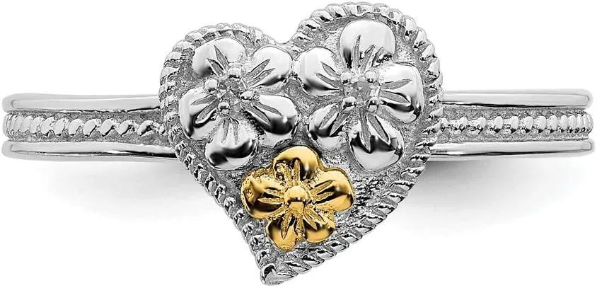 Solid 925 Sterling Silver and 14k Yellow Gold Stackable Diamond Heart Ring Eternity Band (.01 cttw.)