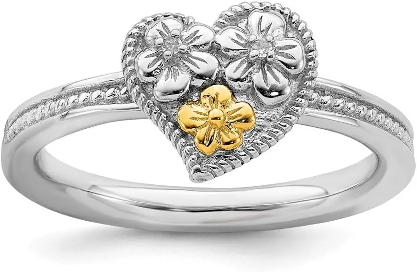 Solid 925 Sterling Silver and 14k Yellow Gold Stackable Diamond Heart Ring Eternity Band (.01 cttw.)