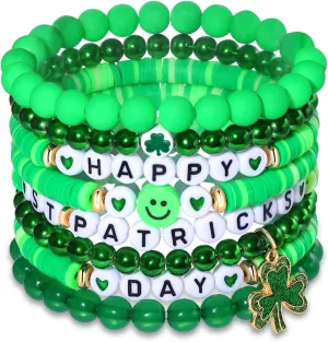 St. Patrick's Day Bracelets for Women Beaded Heishi Bracelets Preppy Surfer Adjustable Stretch Bracelets Green Glass Bead Bracelets Shamrock Bracelet Irish Party Jewelry Decor Gifts (St. Patrick's Day-8B)