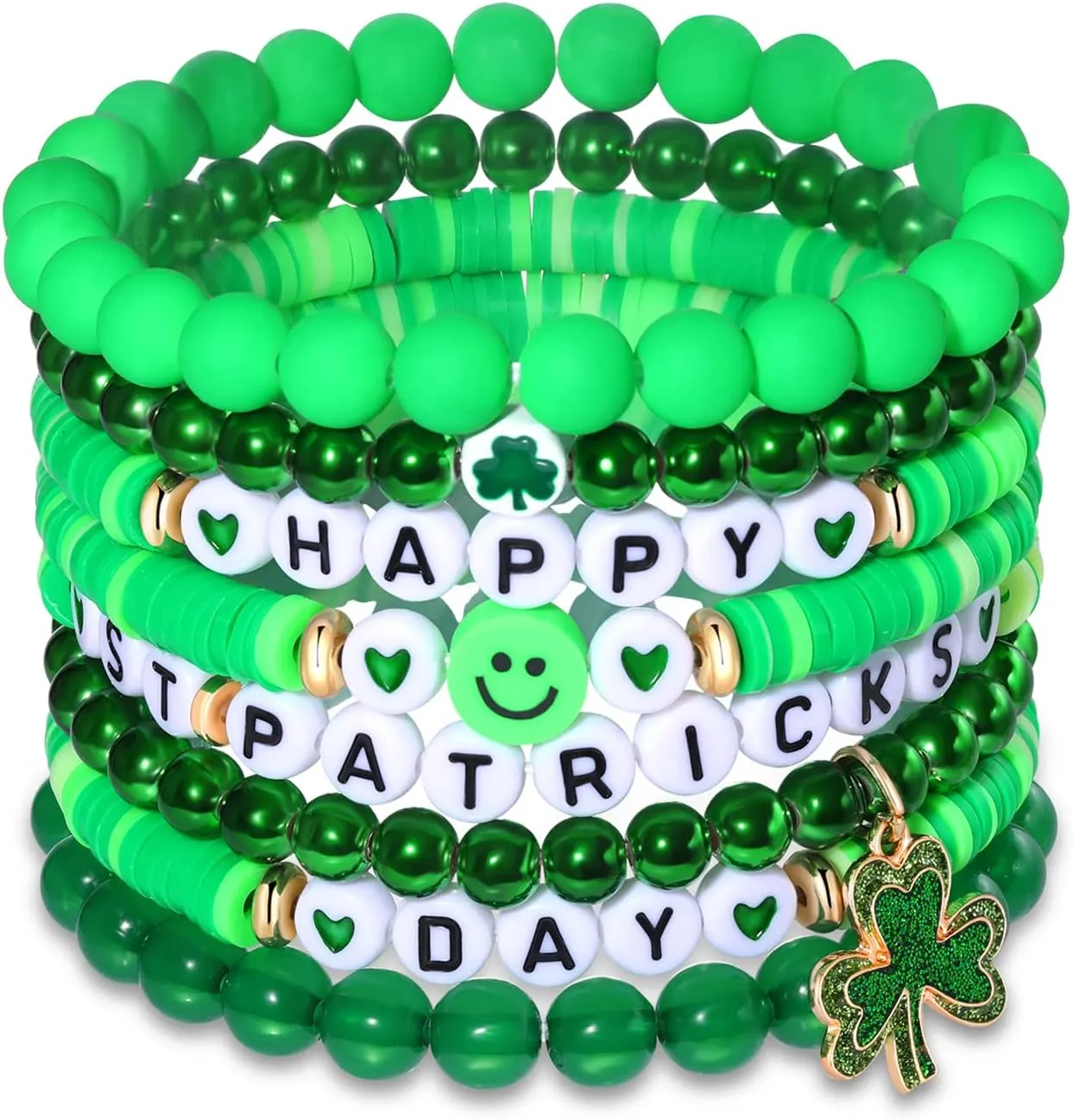 St. Patrick's Day Bracelets for Women Beaded Heishi Bracelets Preppy Surfer Adjustable Stretch Bracelets Green Glass Bead Bracelets Shamrock Bracelet Irish Party Jewelry Decor Gifts (St. Patrick's Day-8B)