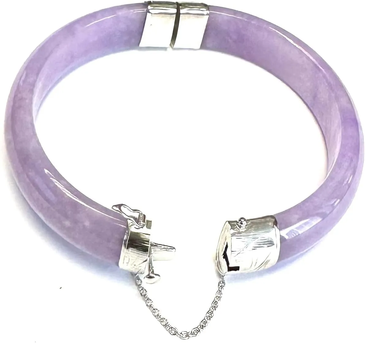 Sterling Silver Genuine Jade Bangle Bracelet  Hand-Carved, Polished Finish, with Clasp