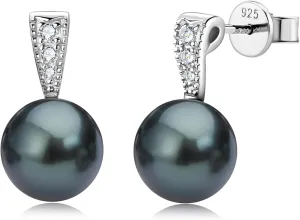 Sterling Silver Tahitian Black Pearl Stud Earrings, Genuine Black Pearls with Moissanite Anniversary Mother's Day Jewelry Gifts for Women
