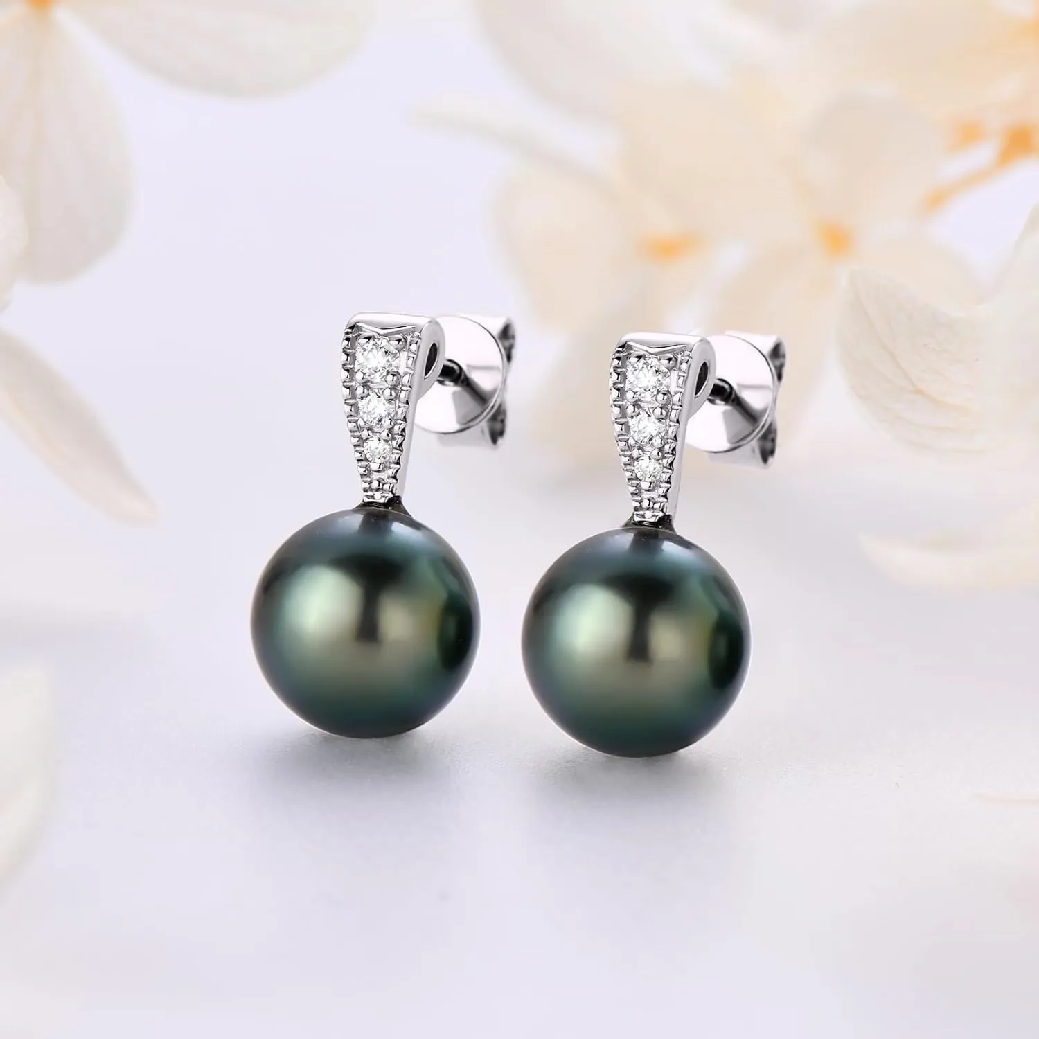 Sterling Silver Tahitian Black Pearl Stud Earrings, Genuine Black Pearls with Moissanite Anniversary Mother's Day Jewelry Gifts for Women
