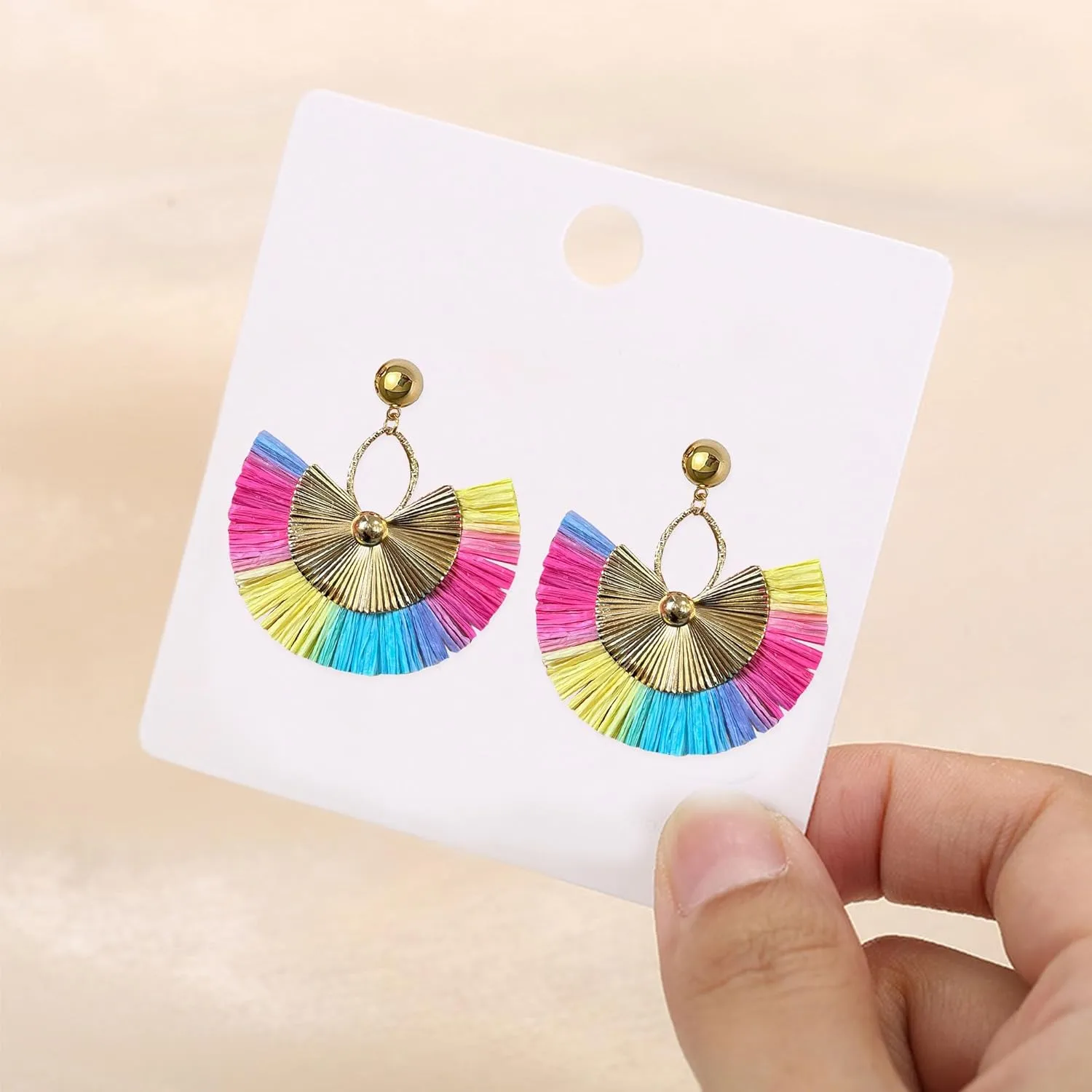 Straw Statement Tassel Earrings Hoop Tassel Bohemian Geometric Handmade Earrings for Women