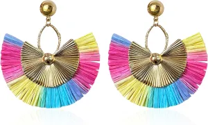 Straw Statement Tassel Earrings Hoop Tassel Bohemian Geometric Handmade Earrings for Women