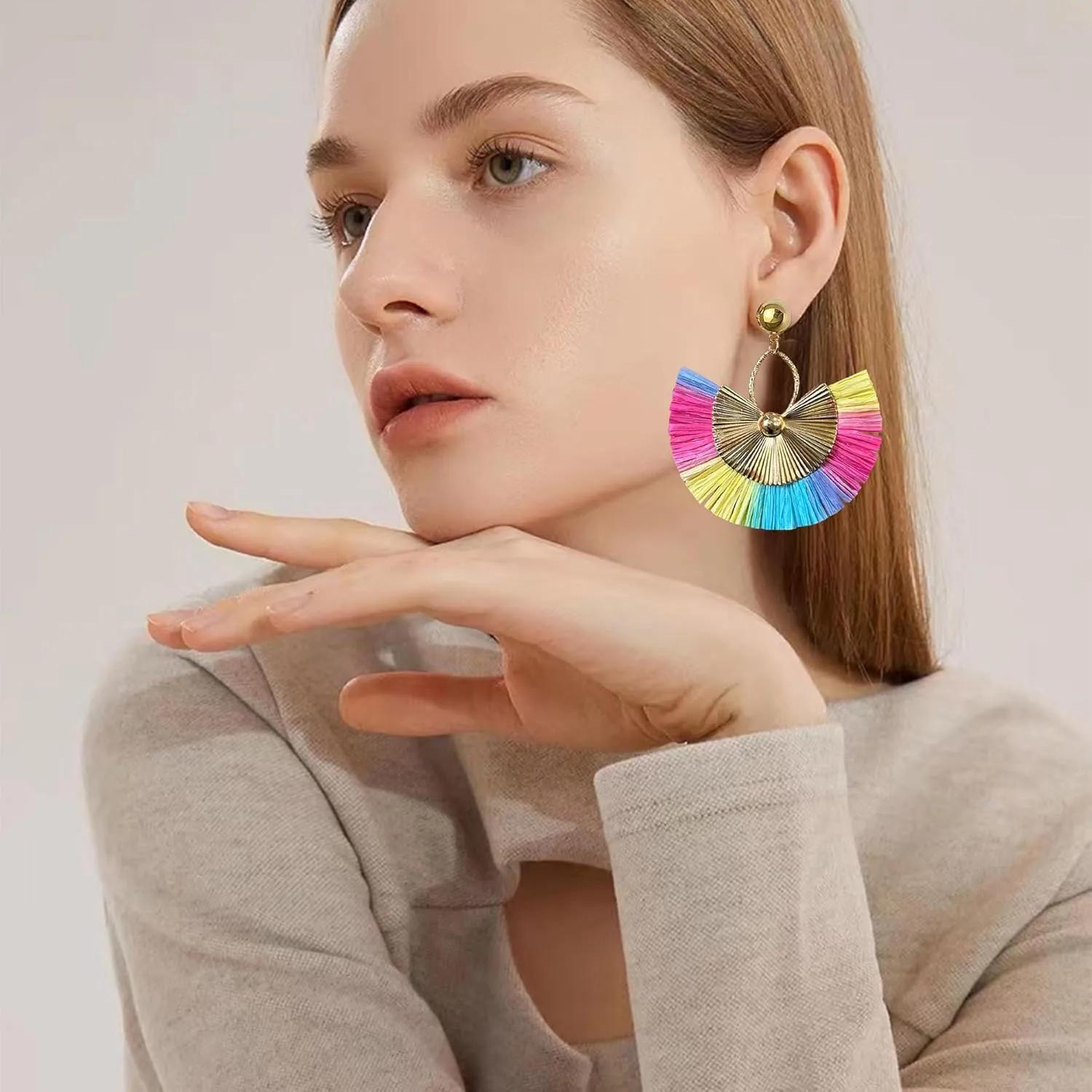 Straw Statement Tassel Earrings Hoop Tassel Bohemian Geometric Handmade Earrings for Women