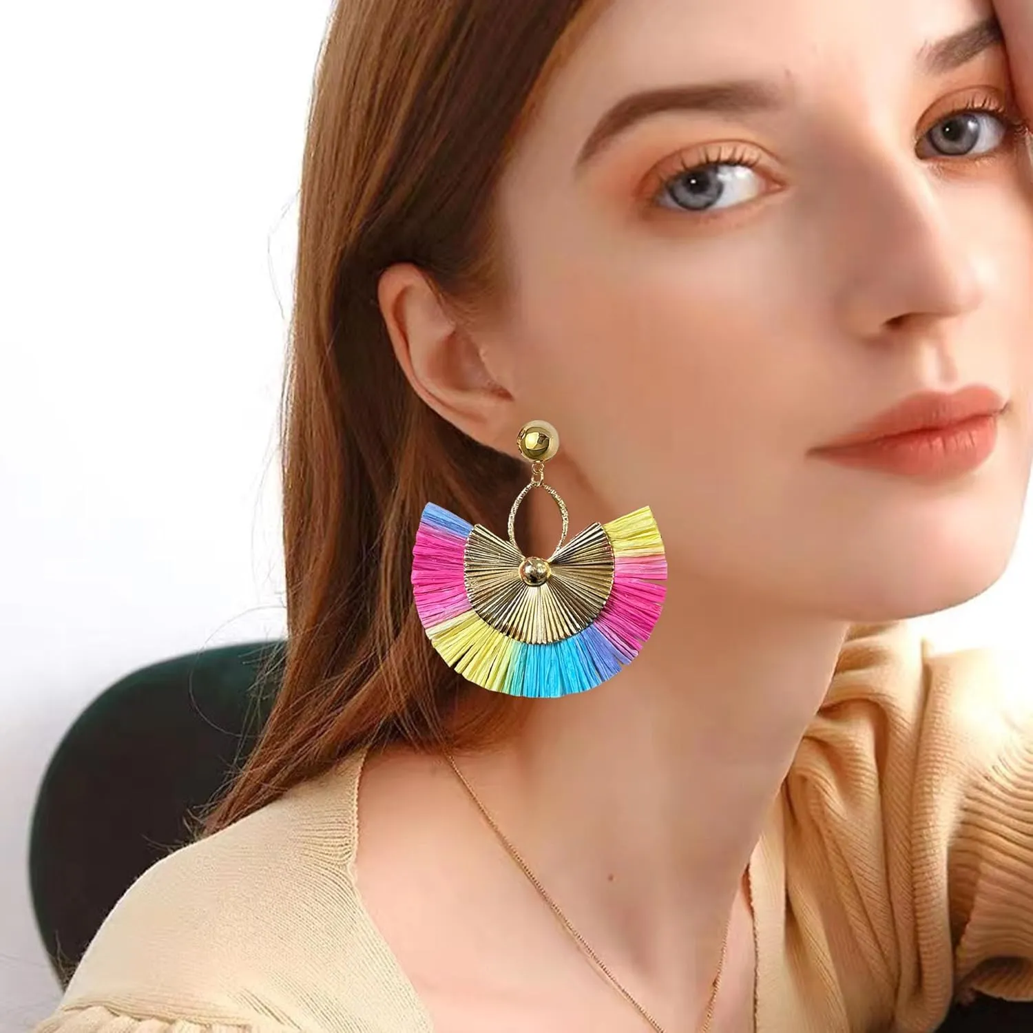 Straw Statement Tassel Earrings Hoop Tassel Bohemian Geometric Handmade Earrings for Women