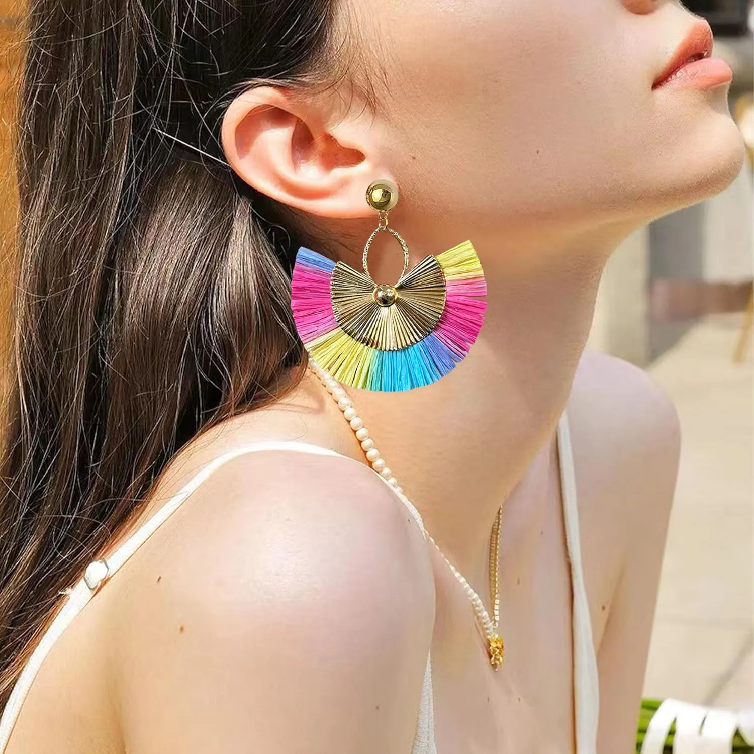 Straw Statement Tassel Earrings Hoop Tassel Bohemian Geometric Handmade Earrings for Women