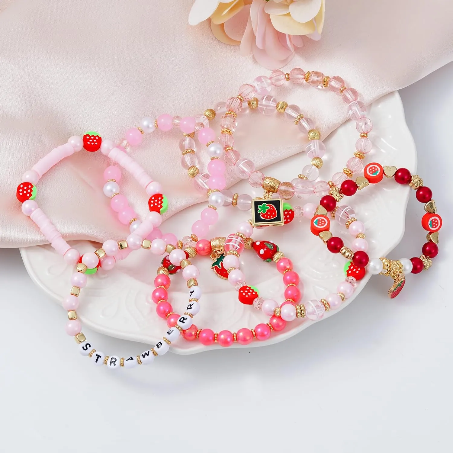 Summer Surfer Heishi Bracelet Set for Women Stackable Gold Clay Ploymer Bead Stretch Pink Beach Layering Bracelets Jewelry