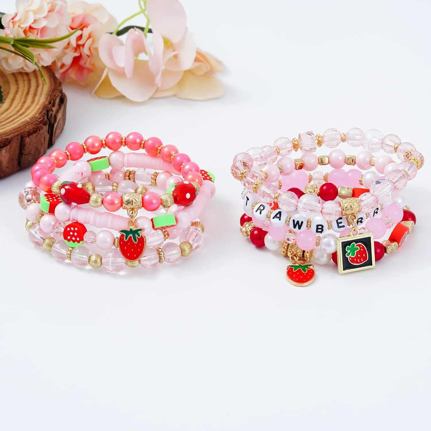 Summer Surfer Heishi Bracelet Set for Women Stackable Gold Clay Ploymer Bead Stretch Pink Beach Layering Bracelets Jewelry