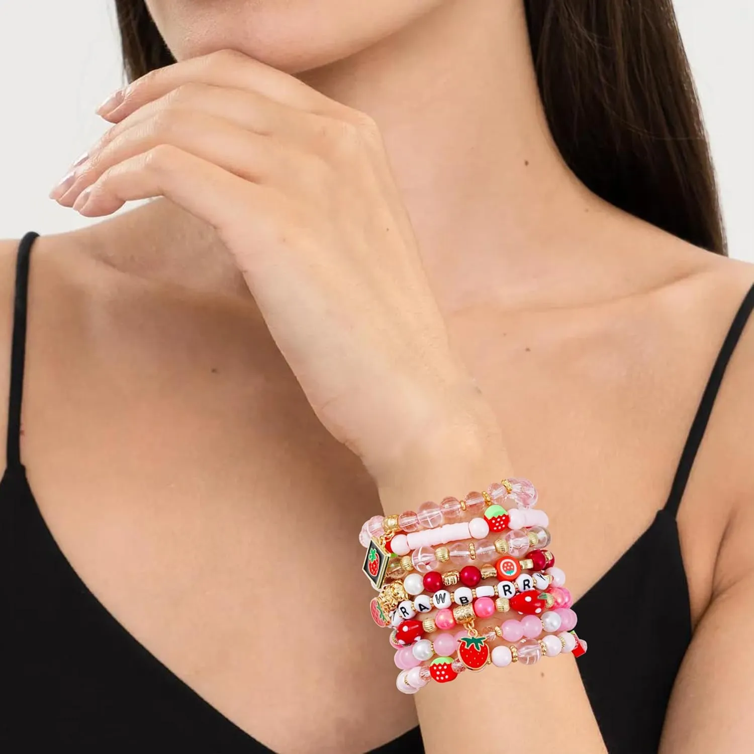 Summer Surfer Heishi Bracelet Set for Women Stackable Gold Clay Ploymer Bead Stretch Pink Beach Layering Bracelets Jewelry