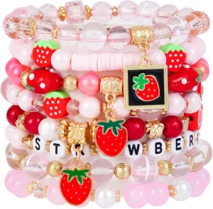 Summer Surfer Heishi Bracelet Set for Women Stackable Gold Clay Ploymer Bead Stretch Pink Beach Layering Bracelets Jewelry