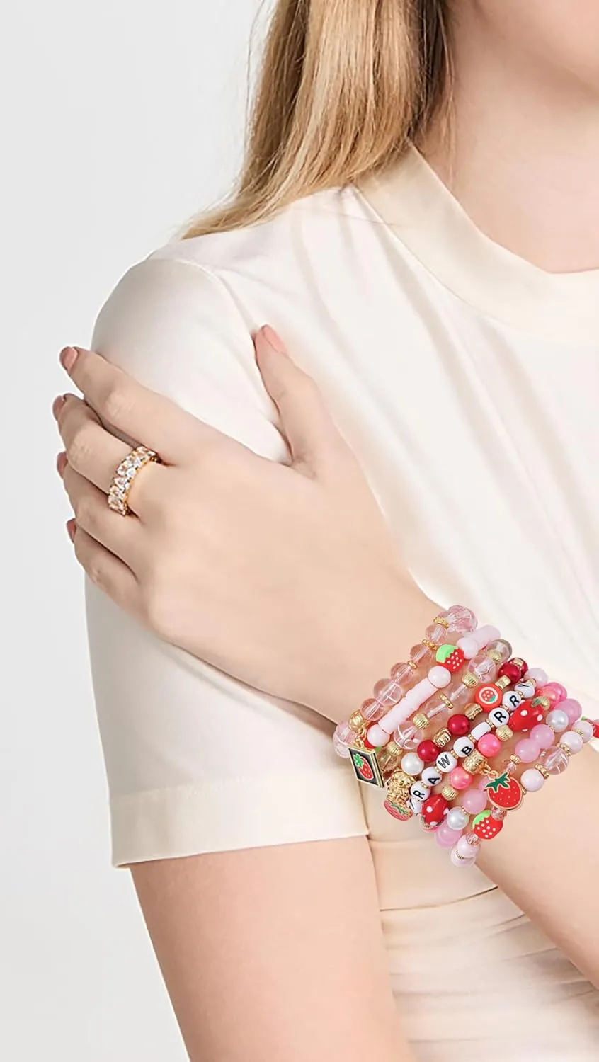 Summer Surfer Heishi Bracelet Set for Women Stackable Gold Clay Ploymer Bead Stretch Pink Beach Layering Bracelets Jewelry