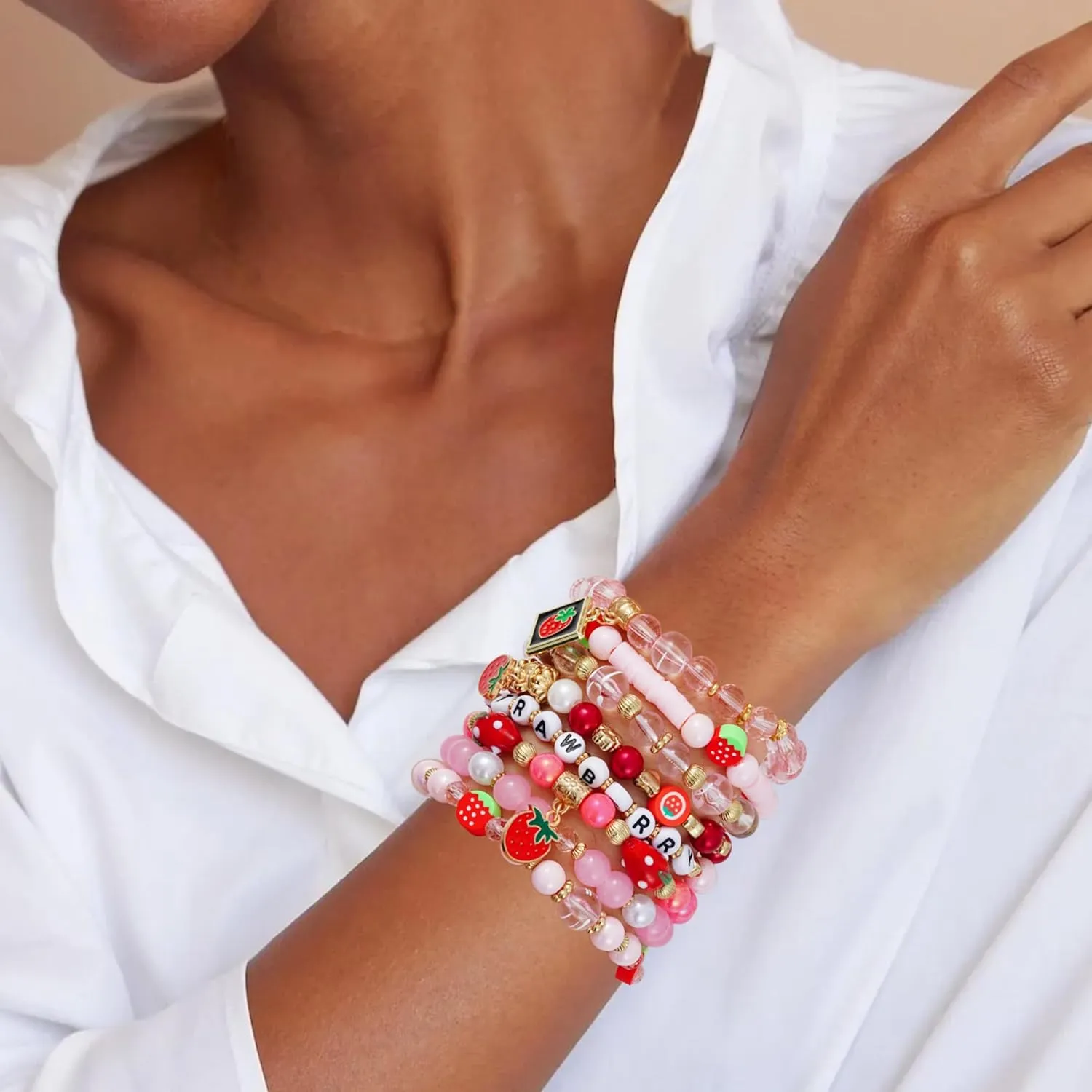 Summer Surfer Heishi Bracelet Set for Women Stackable Gold Clay Ploymer Bead Stretch Pink Beach Layering Bracelets Jewelry