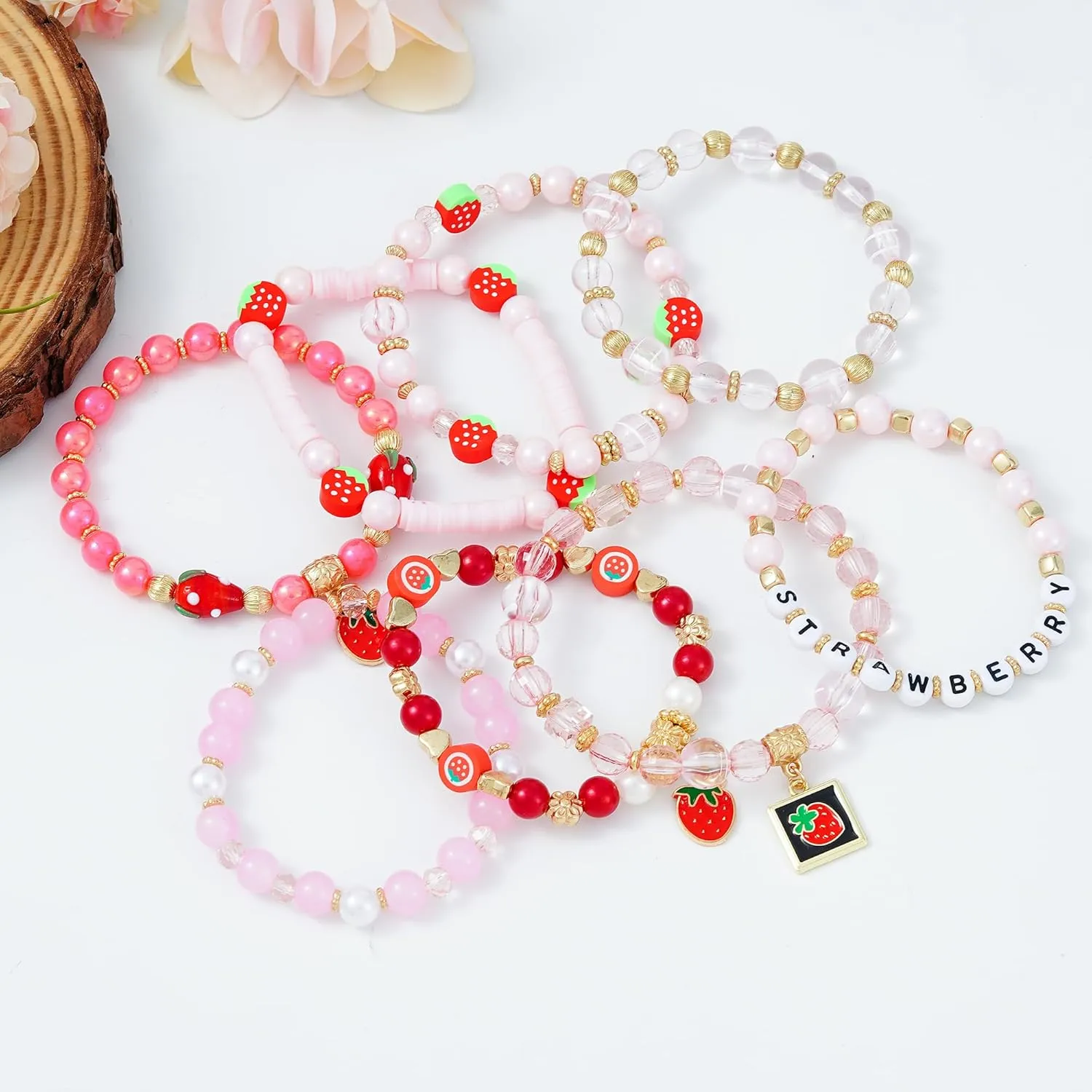 Summer Surfer Heishi Bracelet Set for Women Stackable Gold Clay Ploymer Bead Stretch Pink Beach Layering Bracelets Jewelry