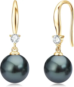 Tahitian Black Pearl Earrings for Women, 925 Sterling Silver Genuine Tahitian Cultured Pearl Drop Earrings Jewelry Gift for Women Wife Mom Daughter