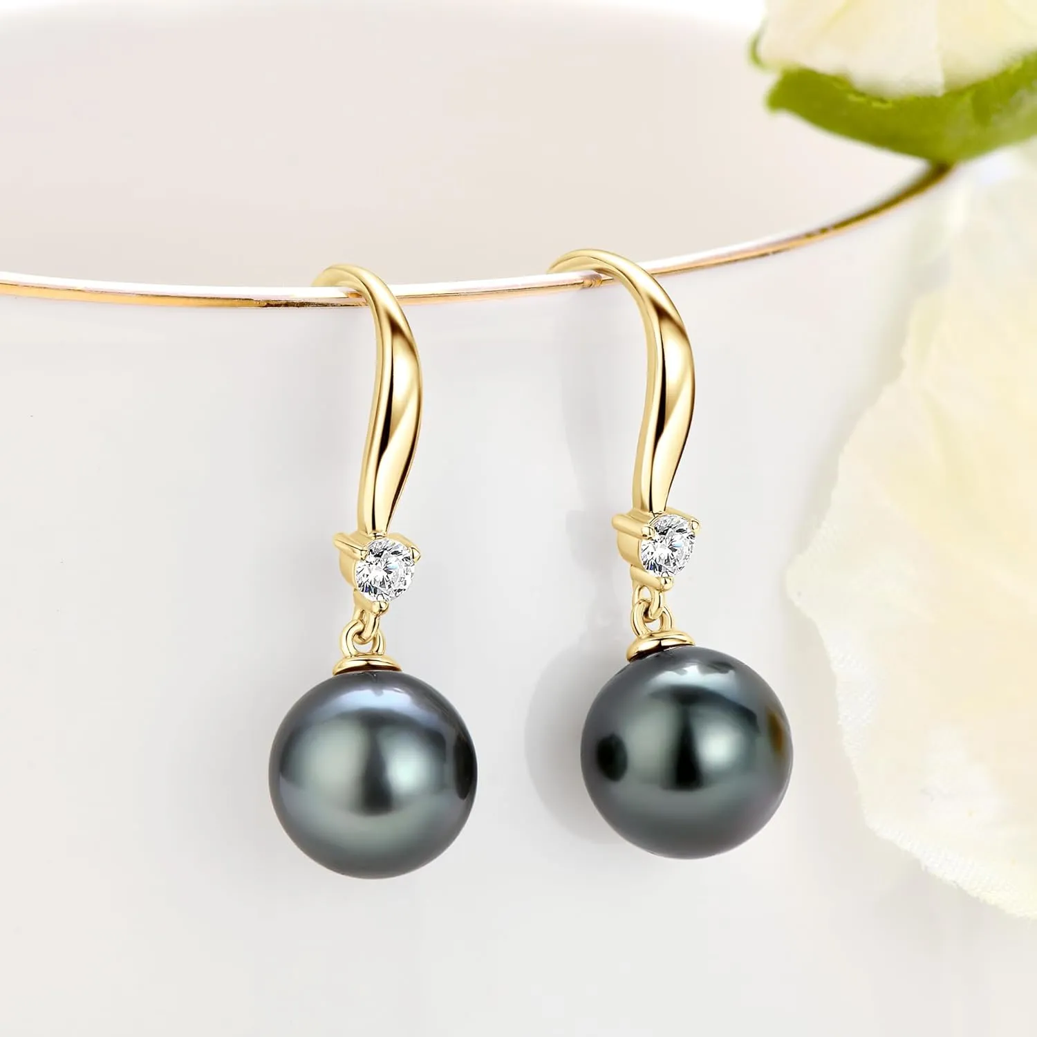 Tahitian Black Pearl Earrings for Women, 925 Sterling Silver Genuine Tahitian Cultured Pearl Drop Earrings Jewelry Gift for Women Wife Mom Daughter