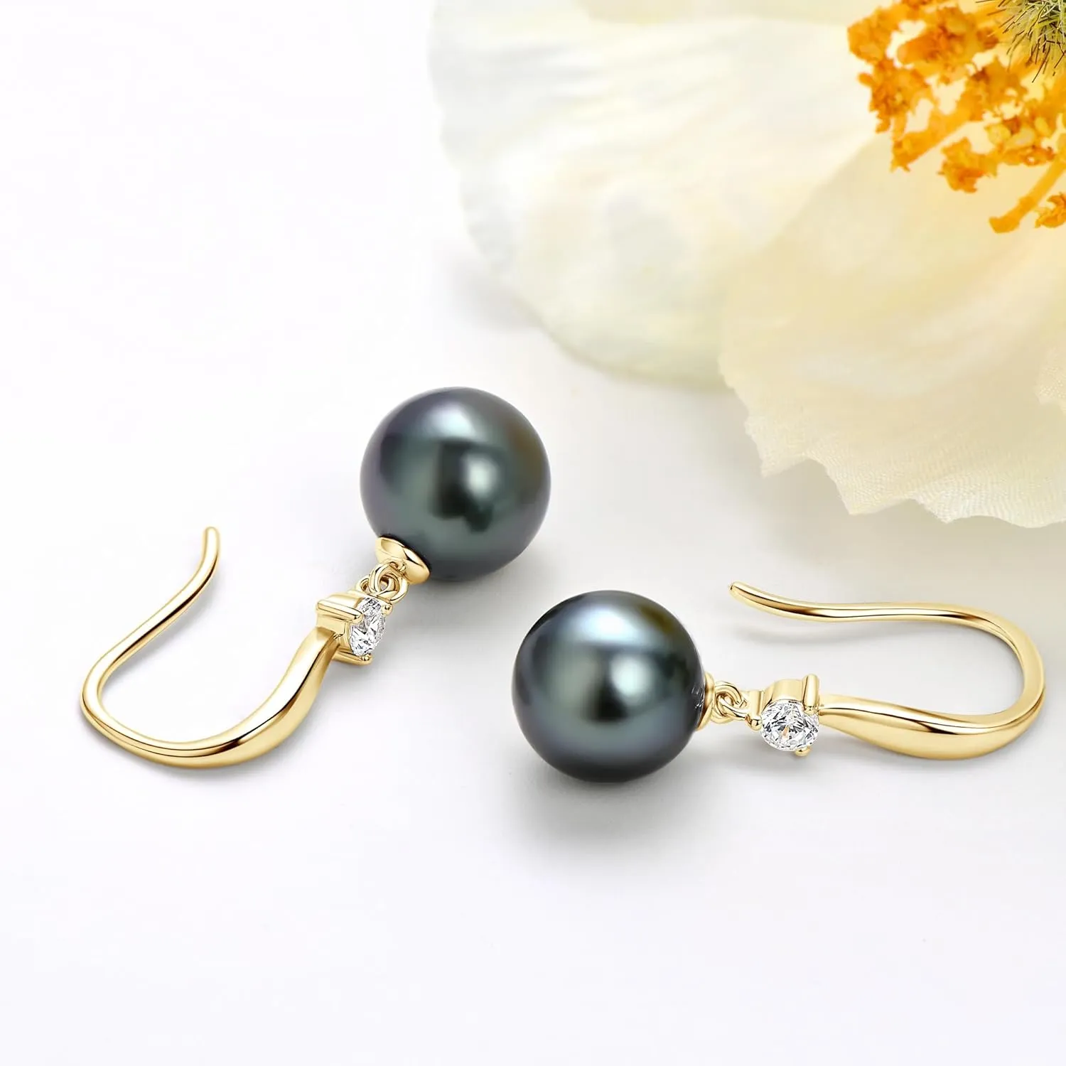 Tahitian Black Pearl Earrings for Women, 925 Sterling Silver Genuine Tahitian Cultured Pearl Drop Earrings Jewelry Gift for Women Wife Mom Daughter