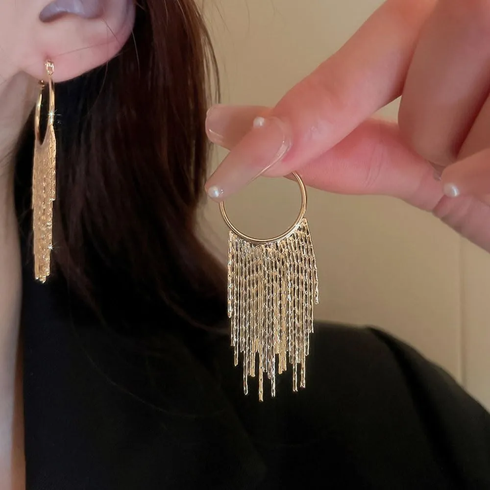 Tassel Hoop Dangle Earrings,Charming Plated Gold Long Fringe Chandelier Personalized Statement Earring,Aesthetic Linear Huggie Earrings for Women