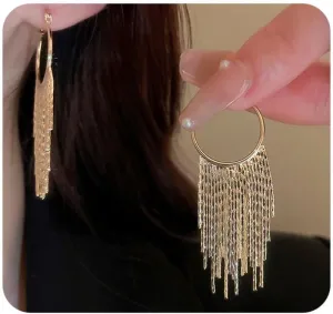 Tassel Hoop Dangle Earrings,Charming Plated Gold Long Fringe Chandelier Personalized Statement Earring,Aesthetic Linear Huggie Earrings for Women