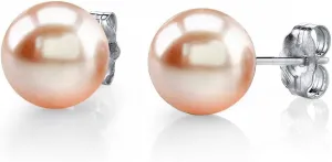 THE PEARL SOURCE Sterling Silver 7-8mm Round Peach Freshwater Cultured Pearl Stud Earrings for Women