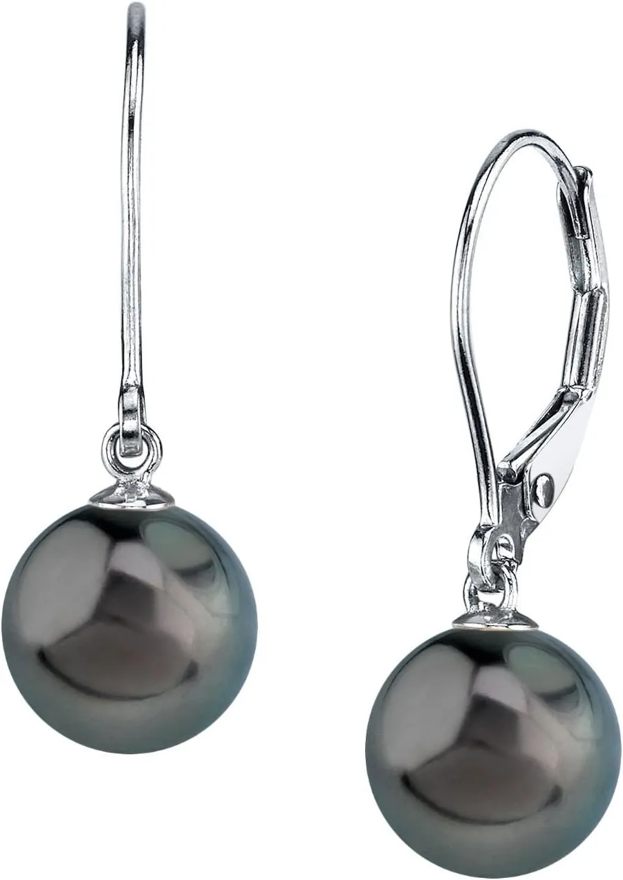 THE PEARL SOURCE Tahitian Real Pearl Earrings for Women - 14k Gold Leverback Earrings | Hypoallergenic Earrings with Genuine Round Tahitian Cultured Pearls, 10-11mm