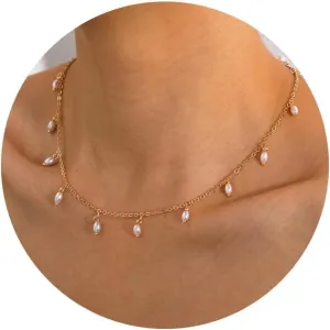 TOBENY Pearl Necklaces for Women 14k Gold Plated Handmade White Faux Pearl Choker Necklace Dainty Freshwater Small Tiny Beaded Pearl Strand Chain Necklace Delicate Single Wedding Prom Bridal Jewelry