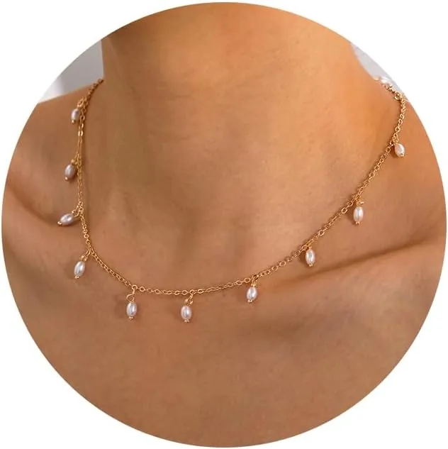 TOBENY Pearl Necklaces for Women 14k Gold Plated Handmade White Faux Pearl Choker Necklace Dainty Freshwater Small Tiny Beaded Pearl Strand Chain Necklace Delicate Single Wedding Prom Bridal Jewelry
