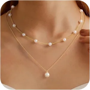 Turandoss Pearl Necklaces for Women Trendy, Dainty 14K Gold Plated Layered Pearl Necklace, Flower Daisy Necklace, Bride Bridesmaid Gifts Wedding Birthday Gifts Jewelry for Women Teen Girls