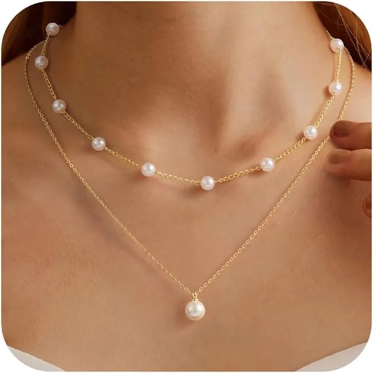 Turandoss Pearl Necklaces for Women Trendy, Dainty 14K Gold Plated Layered Pearl Necklace, Flower Daisy Necklace, Bride Bridesmaid Gifts Wedding Birthday Gifts Jewelry for Women Teen Girls