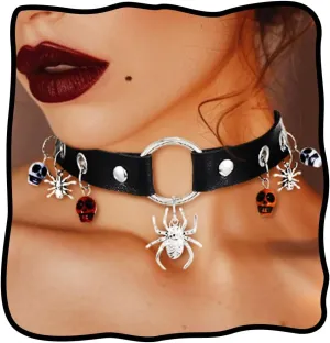 TWINKLEDE Halloween Leather Choker Collar Necklace Goth Punk Circle Spider Pendent Necklaces for Women