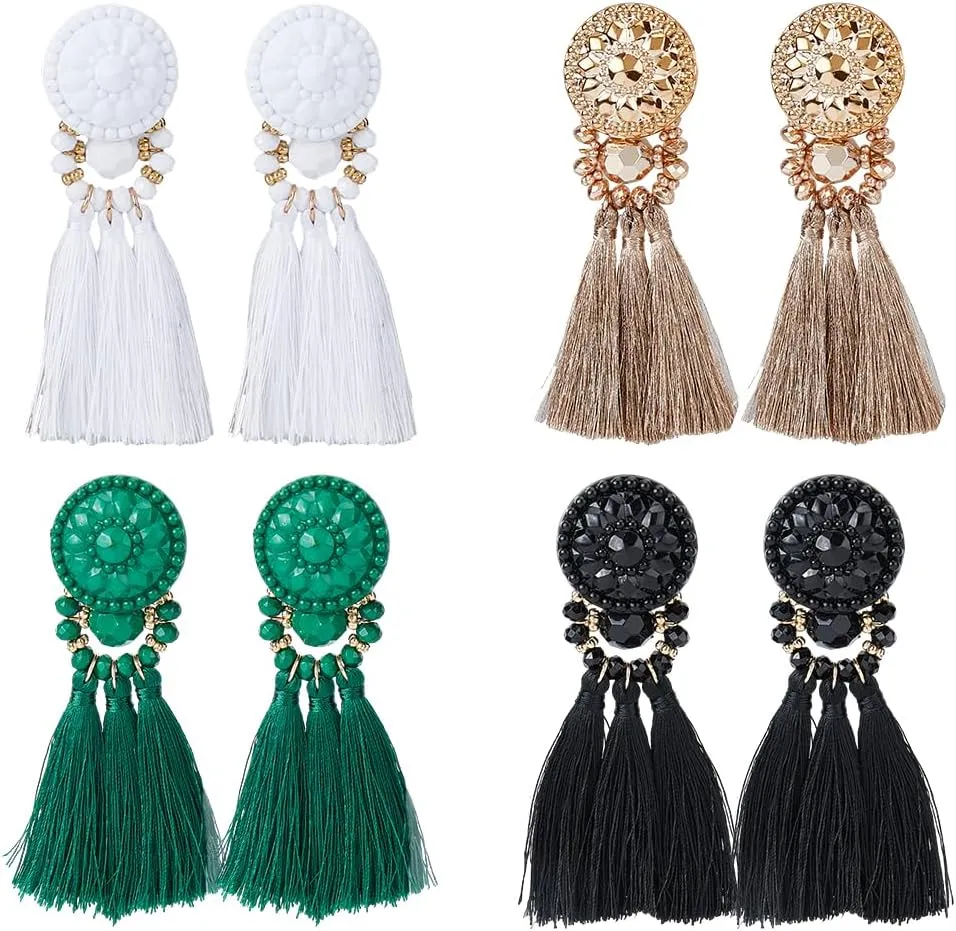 UNICRAFTALE 4 Pairs Long Tassel Dangle Earrings Polyester Dangle Stud Earrings Colorful Beads Chandelier Earrings Bohemian Fringe Drop Earrings Wedding Party Gifts for Woman
