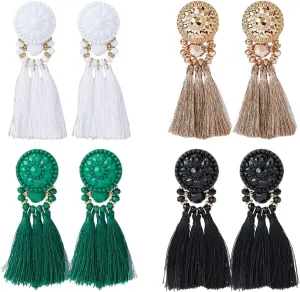 UNICRAFTALE 4 Pairs Long Tassel Dangle Earrings Polyester Dangle Stud Earrings Colorful Beads Chandelier Earrings Bohemian Fringe Drop Earrings Wedding Party Gifts for Woman
