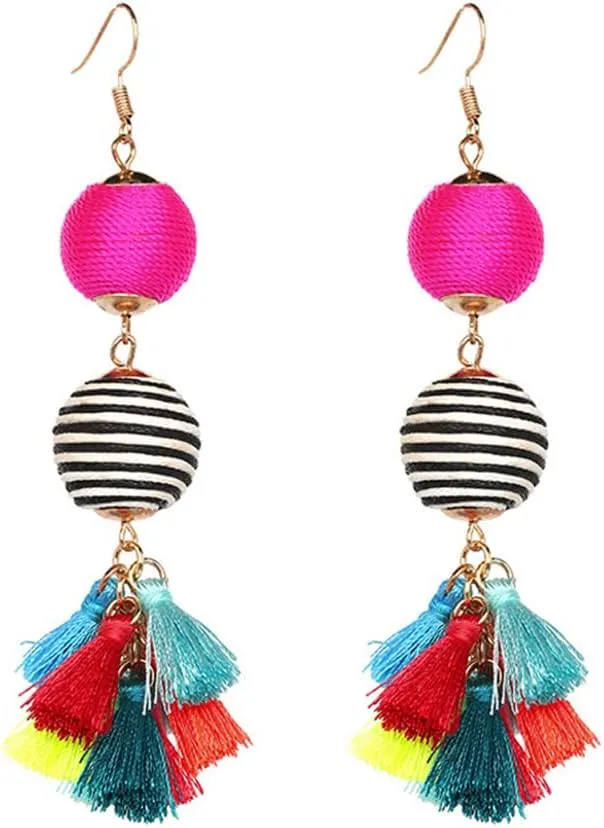 Unique Boho Colorful Tassel Thread Ball Dangle Earrings Women's Birthday Christmas Valentine's Day Gifts