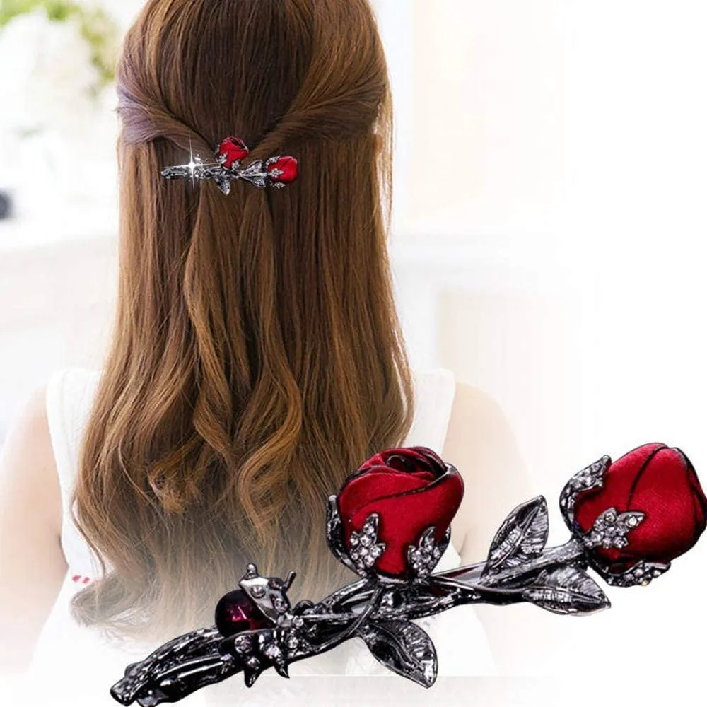 Vintage Crystal Rose Hair Clips,Elegant Rhinestones Rose Flower Metal Hair Clips Hair Barrette Ponytail Holder Slide Clips Hair Jewelry for Wedding,Party,Birthday and Holiday Gifts (red-2PCS)