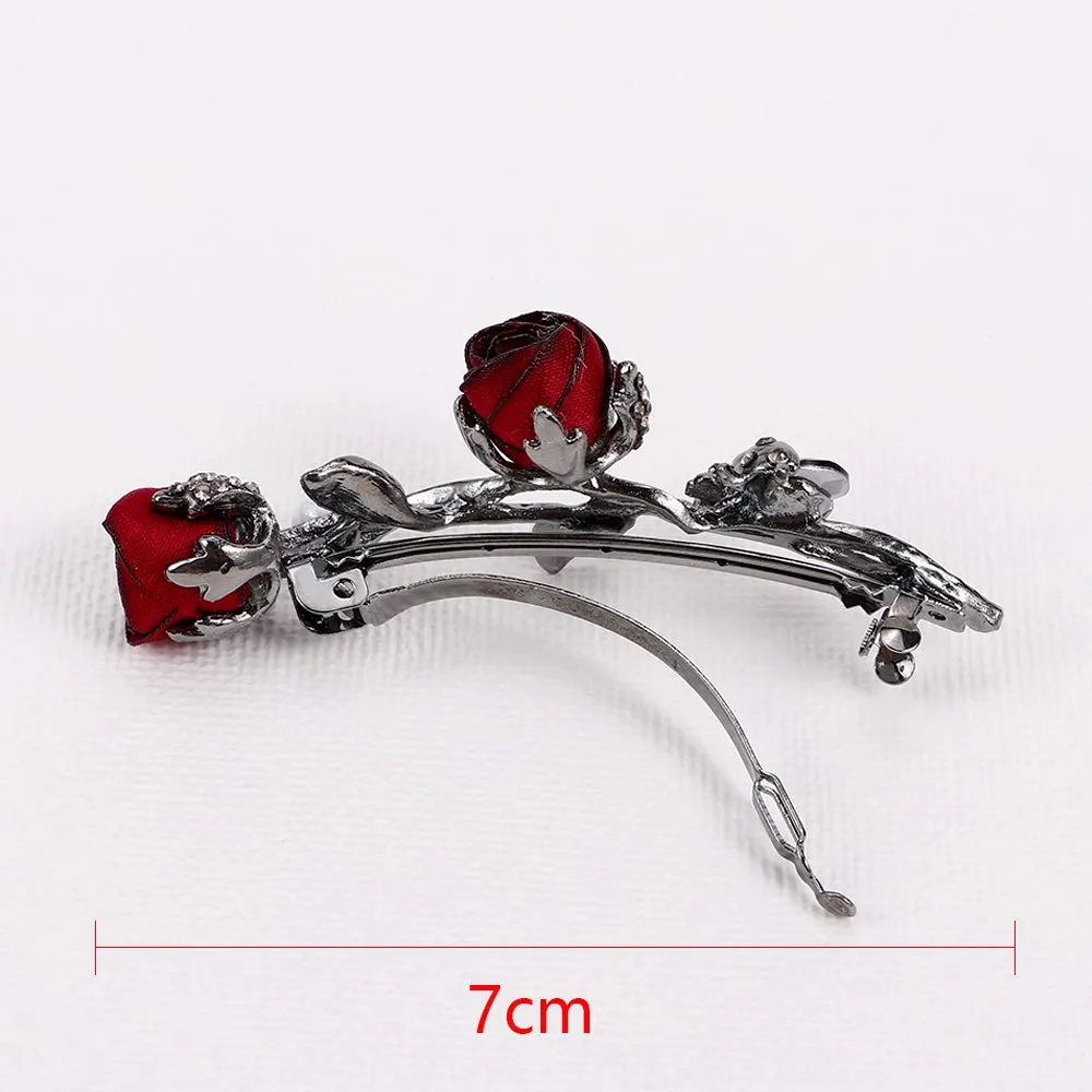 Vintage Crystal Rose Hair Clips,Elegant Rhinestones Rose Flower Metal Hair Clips Hair Barrette Ponytail Holder Slide Clips Hair Jewelry for Wedding,Party,Birthday and Holiday Gifts (red-2PCS)