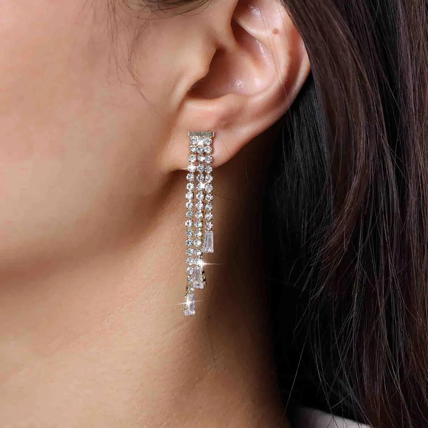 Vintage Rhinestone Tassel Earrings Wedding Chandelier Drop Earrings Long Crystal Chain Earrings Gold Cz Tassel Dangle Earrings Long Crystal Cz Earrings Jewelry for Women