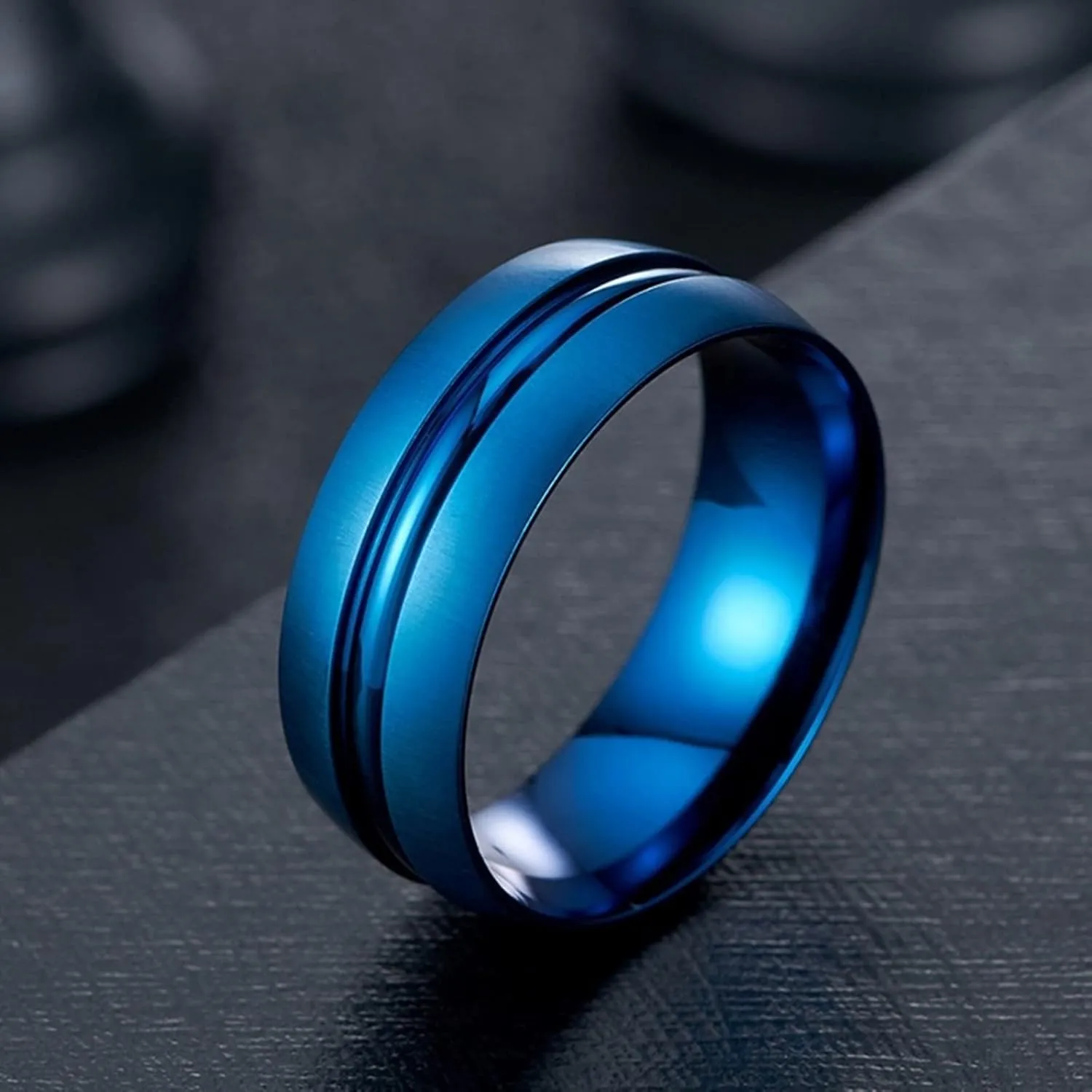 Vintage Rings for Men, Men Rings Stainless Steel Blue Brushed Ring 8mm Valentine's Day Couple Rings