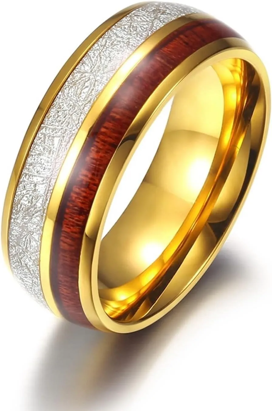 Wedding Rings for Couples Set, Engagement Rings for Couples Set Stainless Steel Comfort Fit 8mm Gold Ring Wood Inlay